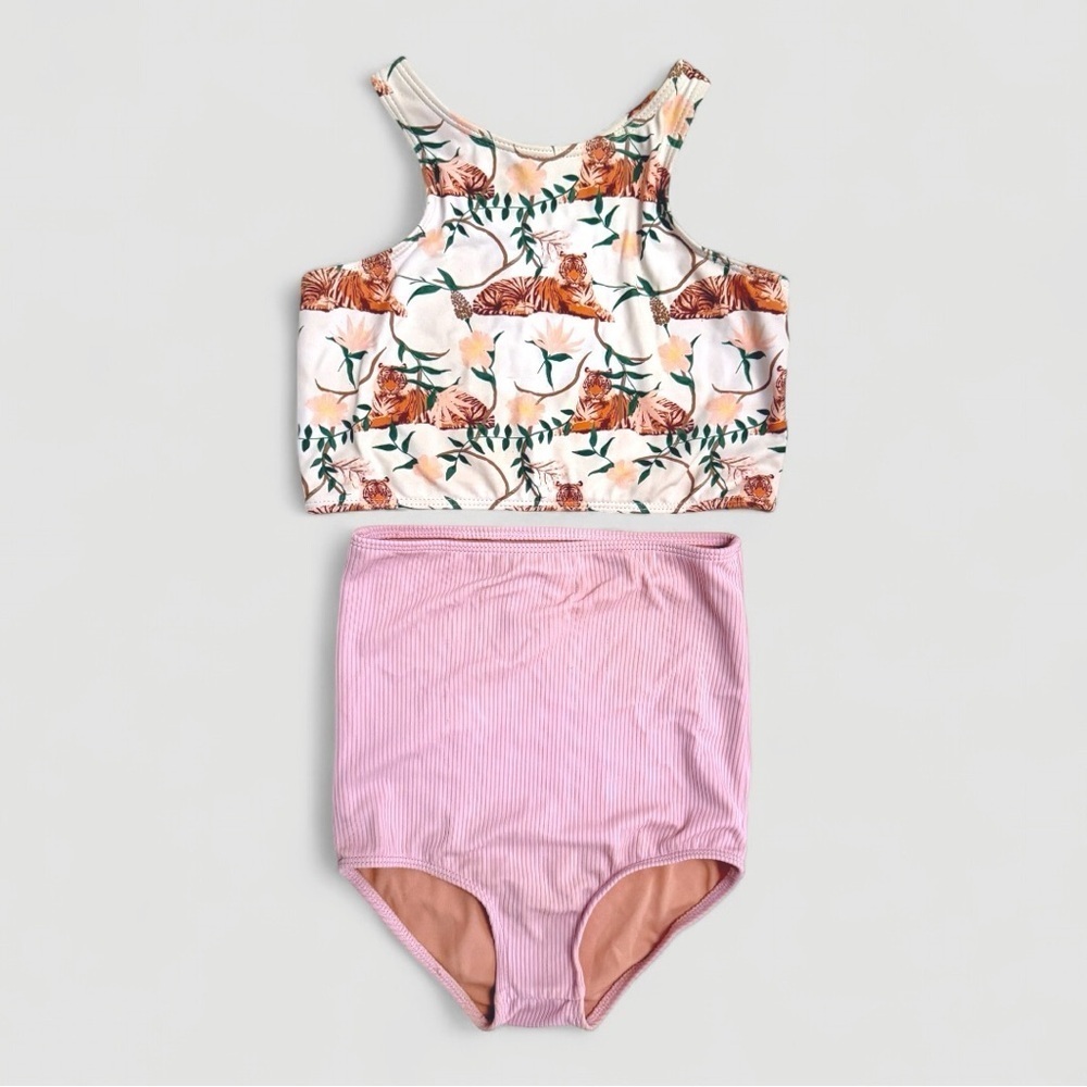 Kortni Jeane Girls Size 5 Two-Piece Swimsuit – Tigers + Pink Ribbed